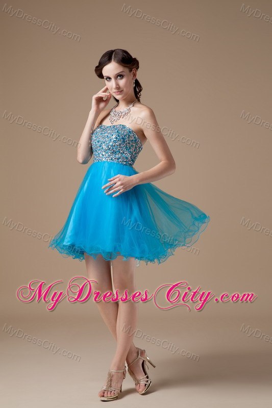 Teal Strapless Short Cocktail Dress Made by Organza and Beading